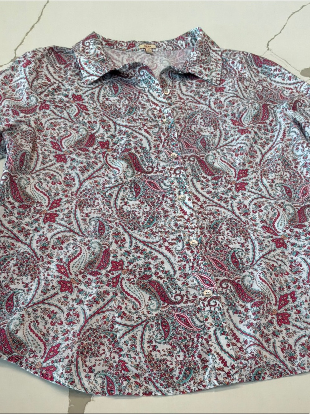 Reba Paisley Button-Down Shirt in Light Blue and Burgundy Accents